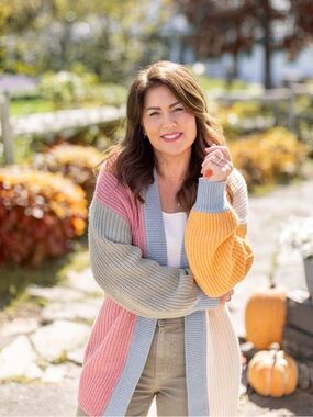 Jillian Harris x Joe Fresh Color Block Open Cardigan Knit Sweater SMALL Cozy